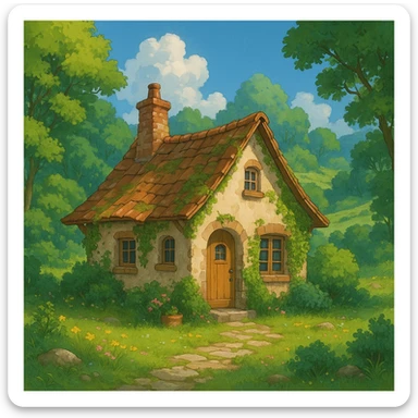 a cozy cottage in a magical landscape with lush greenery in Ghibli style sticker