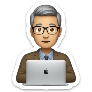 Aged 48 Asian Guy with semi-rimless glasses coding on the macbook sticker