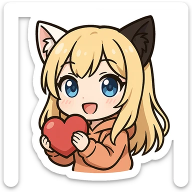 chibi anime catgirl with one white cat ear and one black cat ear, longer blonde hair, blue eyes, white skin, peach colored hoodie, cute, hugging a heart, twitch emote style, no background sticker