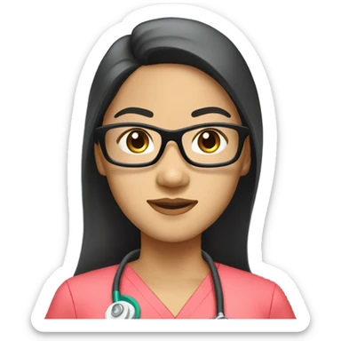 Asian nurse with long straight black hair and tan skin and clear glasses in scrubs sticker