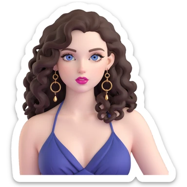 beautiful girl with big blue-grey eyes, long lashes, pale skin, pink lips, long voluminous dark brown curls, confident expression, gold hoop earrings, silky revealing halter top sticker