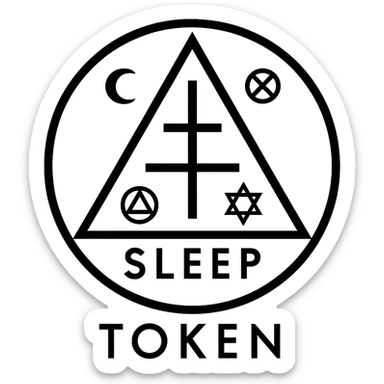 geometric Sleep Token logo with subtle occult symbols, modern style, black and white sticker