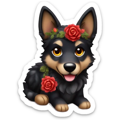 Midnight starry night stars dark Brindled striped brindle black German shepherd fox carrying glowing red lantern, fairy lights, rose flower crown, bokeh lights, out of focus blur sticker