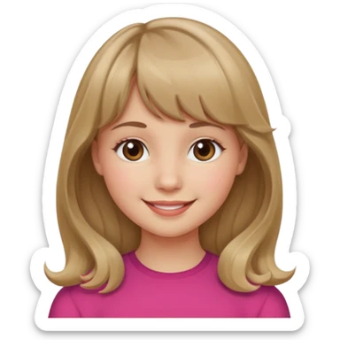 A girl with wavy, dark blonde hair, straight bangs, and straight eyes. She is smiling. sticker