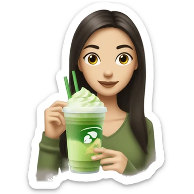 iced matcha latte with a brunette girl sipping it sticker