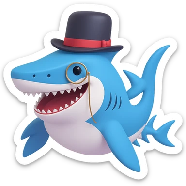 Add a monocle to the shark with a top hat, keeping the playful and charming style, no background. sticker