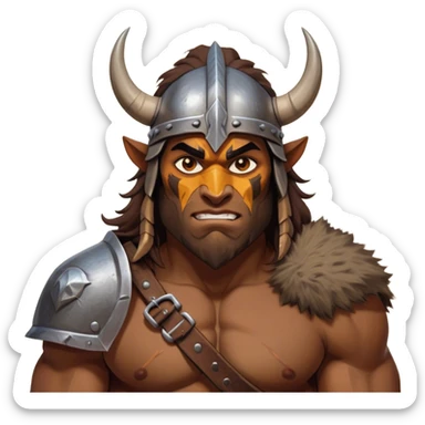 Clash of Clans aesthetic: Cinematic Fierce Barbarian Portrait Emoji, Poised and bold with a rugged yet cartoonish build in tattered furs and a horned helmet, expressive bright eyes and a confident smirk, Simplified yet dynamic features, highly detailed, glowing with a vivid, adventurous aura, high shine, heroic and spirited, stylized with an air of medieval warrior charm, focused and energetic, soft glowing outline, capturing the essence of a fearless barbarian adventurer ready to lead his clan with spirited valor! sticker