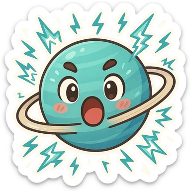 Uranus planet emoji with a face, electric like lightning, blue-green color, chaotic energy, rings, expressive features showing surprise or excitement, symbolizing unexpected change sticker