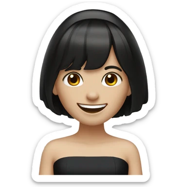 bride with very pale skin dark brown straight short hair black dress and bangs laughing sticker