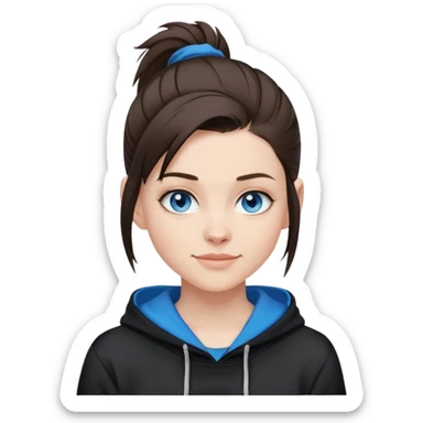 brunette short hair that is shaved on the sides and the top up in a short pony tail. this girl needs blue eyes and a black hoodie. i want her to be smirking sticker