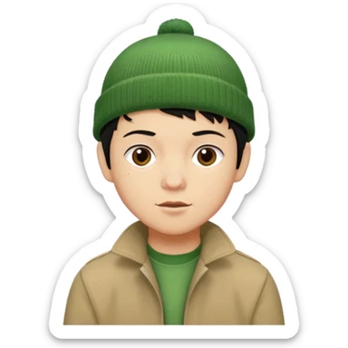 young man with pixie cut black hair, green beenie hat, tan jacket and pork chop sideburns sticker
