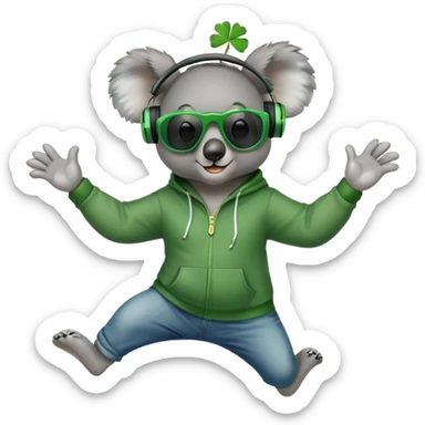 anthropomorphised koala, full body, wearing a hoodie and jeans, dark sunglasses, headphones, dressed for St. Patrick's Day, jumping in a different pose sticker