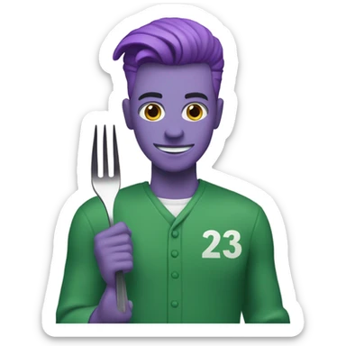 A man with purple hair and he is wearing a green jumpsuit with the number 230 on his jumpsuit. He also is holding up a fork sticker