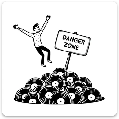 A stick figure falling into a pit full of vinyl records, like a 'Danger Zone' sign sticker