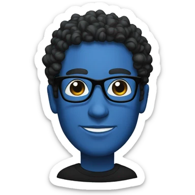 a man with dark blue glasses and a black sweater with curly hair sticker
