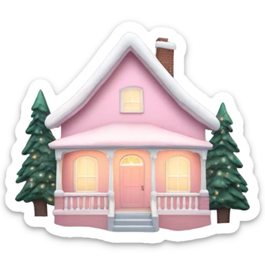Pastel pink Christmas house with Christmas lights and evergreen trees sticker