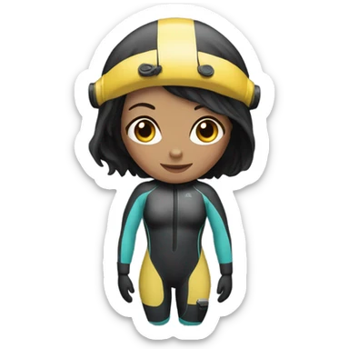 "A woman with black hair and fair skin wearing a diving suit emoji." sticker