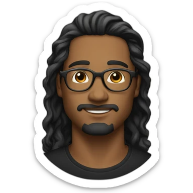brown guy, black eyes, black long wavy hair, no facial hair, thin long nose, round glasses, black t shirt sticker