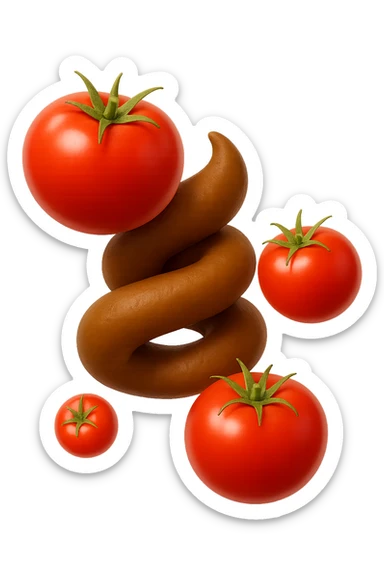 emoji stile iphone di pomodori che fluttuano in aria con colon attorcigliato intorno, iperrealistico 4k, isolato su sfondo bianco sticker