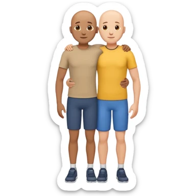 two fit bald men of different heights embracing, minimal background, emoji style sticker
