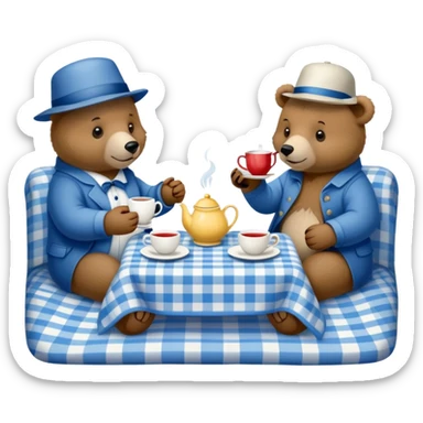 bears having a tea party on a blue and white plaid blanket  sticker