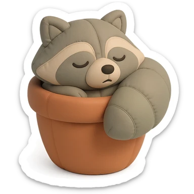 sleepy raccoon inside a flower pot, pastel earthy colors, cushion style sticker
