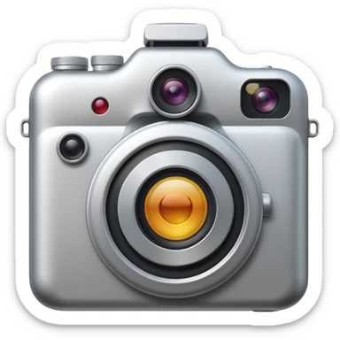 Minimal emoji icon of a modern metalic camera, front view, simple shapes, realistic lens,  sticker