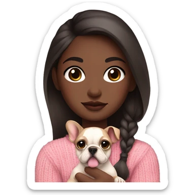Dark brown haired girl, dark brown eyes, brown skin, long lashes, big 2 toned lips, pink sweater, holding a French bulldog in arms sticker