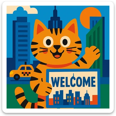 A New York themed cat holding up a welcome sign, with city elements like skyscrapers and a yellow taxi in the background, fun and inviting style, vibrant toon illustration sticker