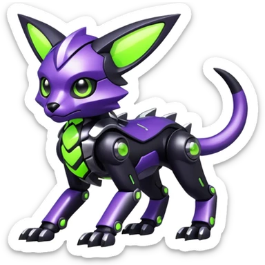 Futuristic modern mechanical badass cool shiny metallic alloy black-obsidian purple neon-green white lime animal hybrid Fakemon full body sticker