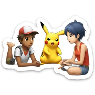 pikachu, ash and misty discussing a math problem sticker
