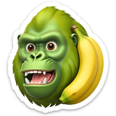 A yellow curved banana with a bright green gorilla head at the top, with gorilla facial features sticker