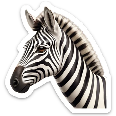 Cinematic Noble Zebra Portrait Emoji, Poised and regal, with a lean, elegant build and a striking Fur of bold black and white stripes, deep-set soulful piercing eyes, Simplified yet sharp and sophisticated features, highly detailed, glowing with a soft, dignified glow, high shine, intelligent and graceful, stylized with an air of savannah chic, focused and attentive, soft glowing outline, capturing the essence of a watchful and confident equine, so majestic it feels as though it could gallop out of the screen with effortless authority! sticker