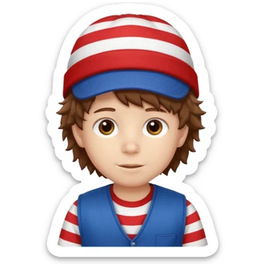 brown fluffy hair kid with blue and white hat dark blue jilet red t shirt sticker