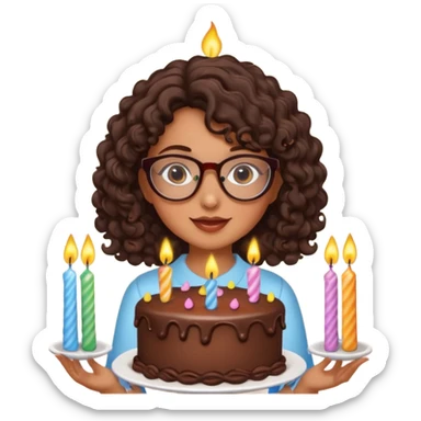 Tanned girl with dark brown curly hair wearing glasses with a cute birthday cake  sticker