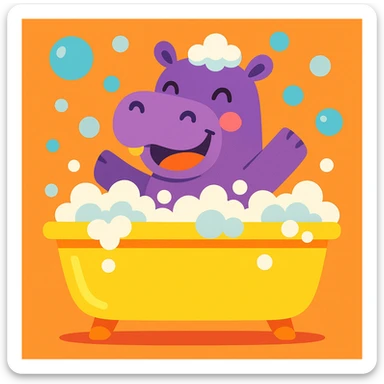 happy hippo with bubbles in bathtub sticker