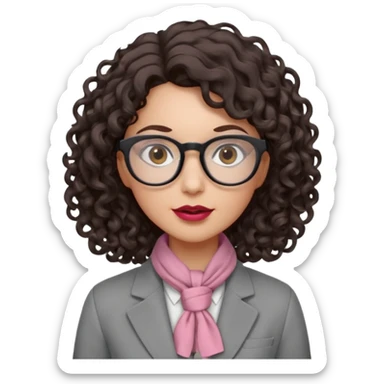 A crazy female scientist, with curly-wavy dark brown hair, brown eyes and light grey glasses and pale skin and pinkish lips, dressed to look like an english teacher but in neutral tones like grey black white, maybe with the pop of dark red sticker