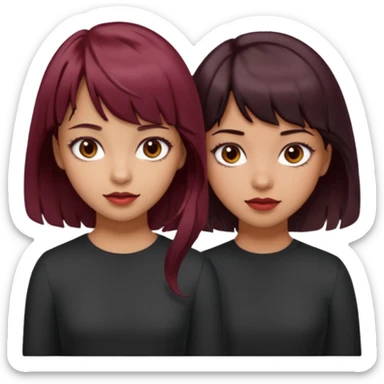 2 girls both tan skin. One with short length wavy burgundy hair, bangs and brown eyes, the other with medium length black hair with brown eyes  sticker