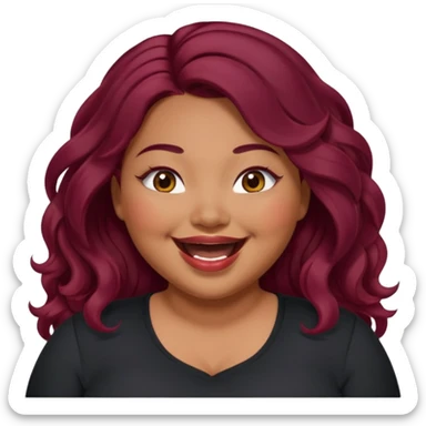 Plus size red hair brown face small eyes long hair Asian eyes small eyes wavy hair eye lashes burgundy hair black shirt laughing  sticker