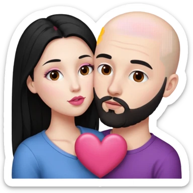 👩🏻‍❤️‍💋‍👨🏻 this one but the man should be bald. white woman with long black hair and white bald young man whoitiut hair and a heart between their heads. she has pink lips and both have brown eyes. he has e full beard but short. sticker