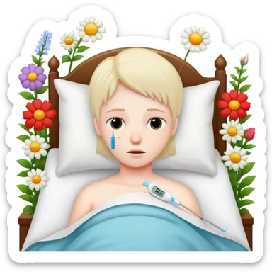 sick person in bed with thermometer and flowers sticker