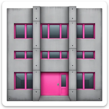 Gray concrete brutalist architecture with a single bright pink window and multiple regular windows sticker