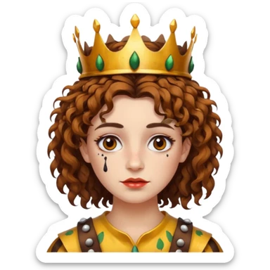 portrait woman short curly brown mullet hair brown eyes white skin with paint smeared cheeks and beetle crown sticker