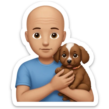 Bald guy with brunette and white puppy sticker