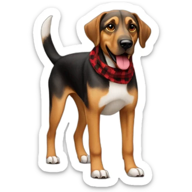 adult 75% Coonhound 25% German Shepherd mix dog with visible tail wearing small pointed red buffalo plaid bandana full body walking left quickly sticker