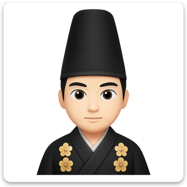 Make the eboshi hat much taller, keeping the shogun in a long black kimono, in the style of emoji style emojis. The style should resemble apple style emojis with concise details. sticker