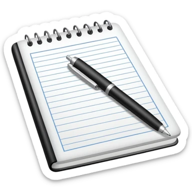 Front-facing notebook icon with a pen on the right side, minimal line-art, clean modern style, perfectly straight angle (no tilt), simple outlines, slightly 3D, no background, transparent, “documenting / journaling / tracking progress sticker