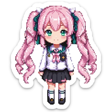 Pixel art anime girl with pink twin tails and school uniform, cute chibi style sticker
