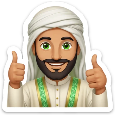 "Tanned Arab Saudi man with green eyes and a beard, wearing an agal and traditional attire, smiling happily and giving a big thumbs-up sticker