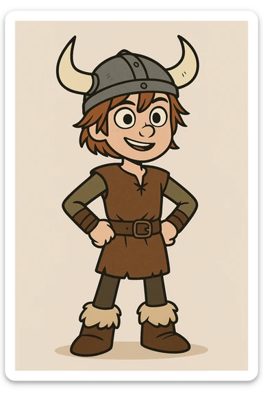 young Viking boy from How to Train Your Dragon, expressive eyes, wearing brown tunic and belt, standing confidently, modern animation style sticker